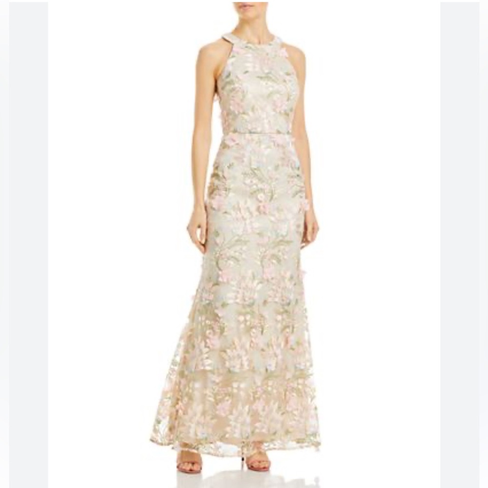 Eliza J Floral 3D Embroidered Halter Neck Gown